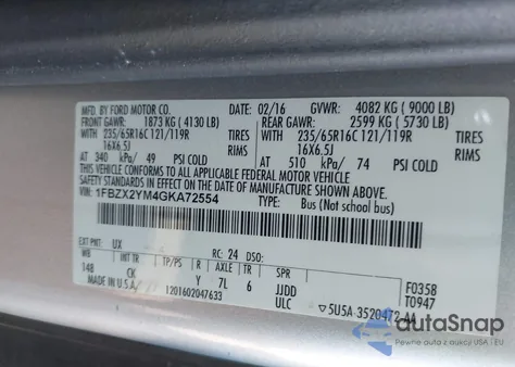 2016 Ford Transit-350 Xlt из США, поврежденный, VIN 1FBZX2YM4GKA72554